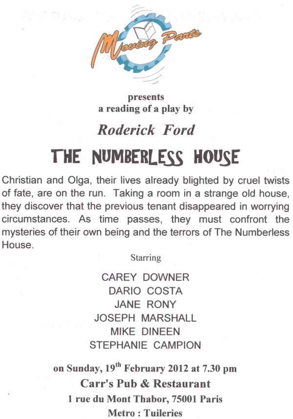 Playbill for the Moving Parts reading of The Numberless House, Paris, 2012
